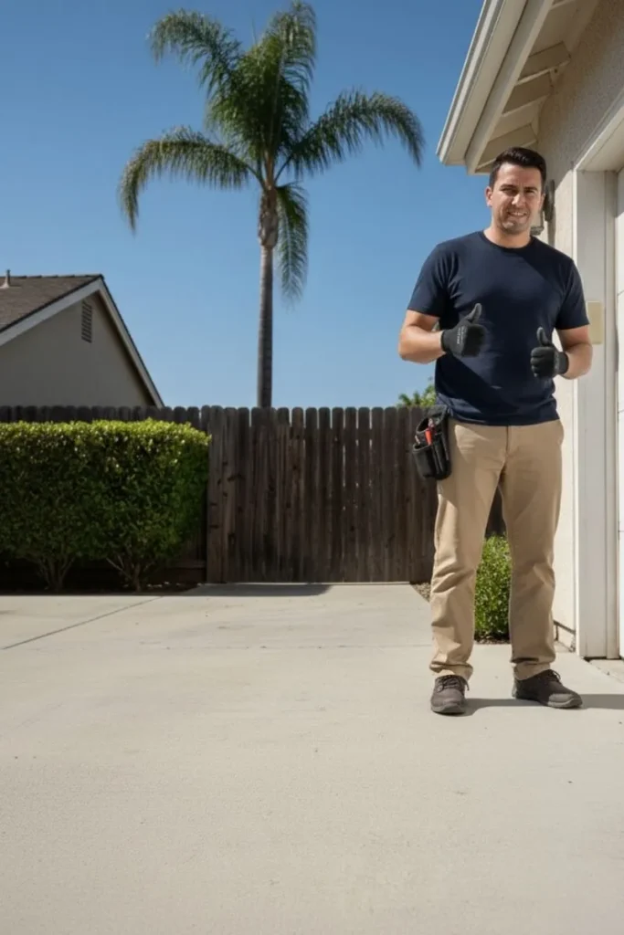 Local garage door repair technician in Riverside CA giving a thumbs up