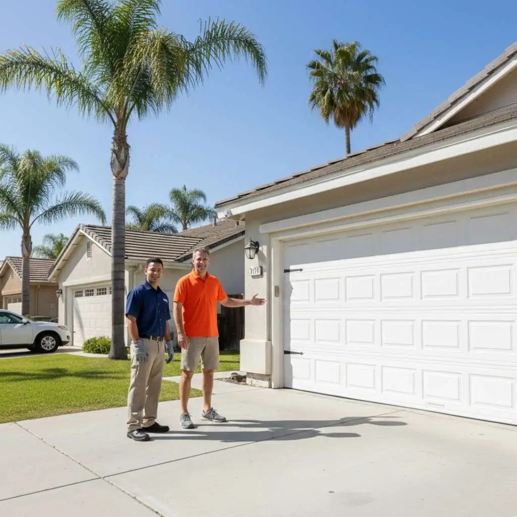 Happy homeowners with newly repaired garage door in Riverside CA