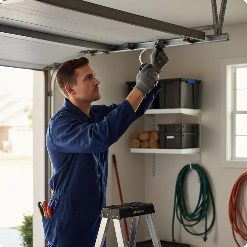 Technician performing garage door tune-up in Riverside CA for smooth operation