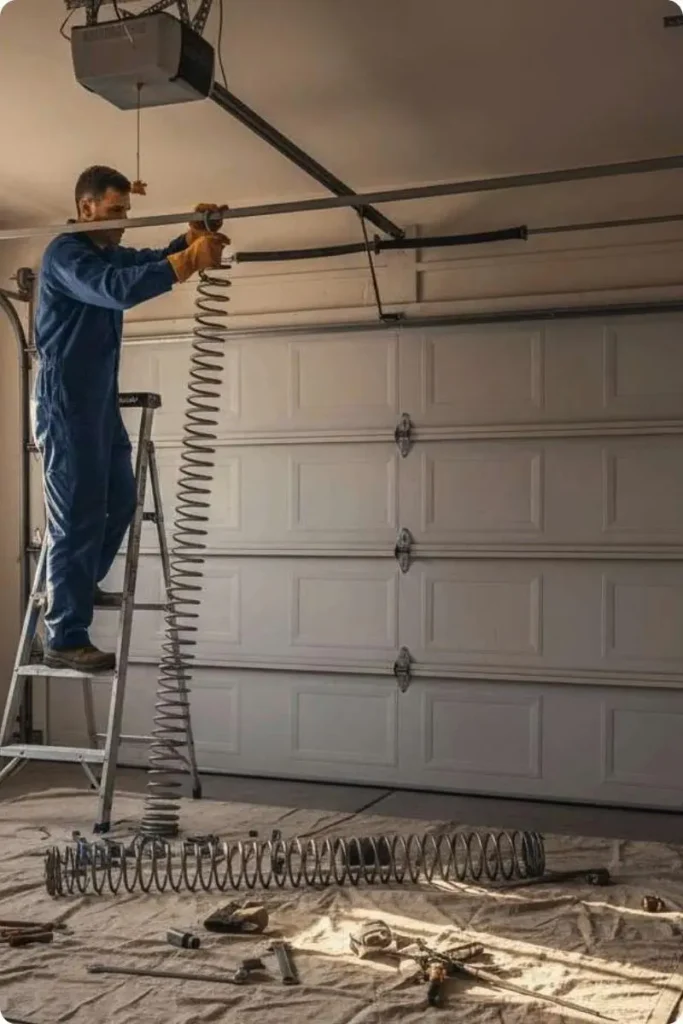 technician repairing broken garage door spring in Riverside