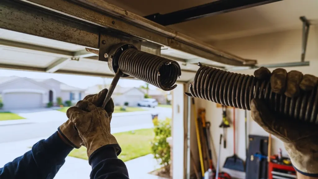 Broken garage door torsion spring being repaired by technician in Riverside,