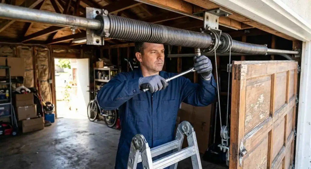 Technician repairing a garage door torsion spring in Riverside, CA