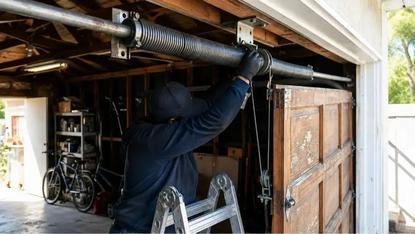 Technician repairing a garage door torsion spring in Riverside, CA
